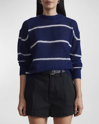 Apiece Apart Lightweight Crewneck Cashmere-silk Sweater In Navy Cream Stripe