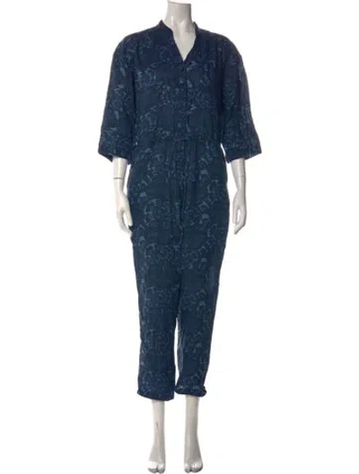 Pre-owned Apiece Apart Linen Floral Print Jumpsuit In Blue