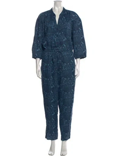 Pre-owned Apiece Apart Linen Floral Print Jumpsuit In Blue