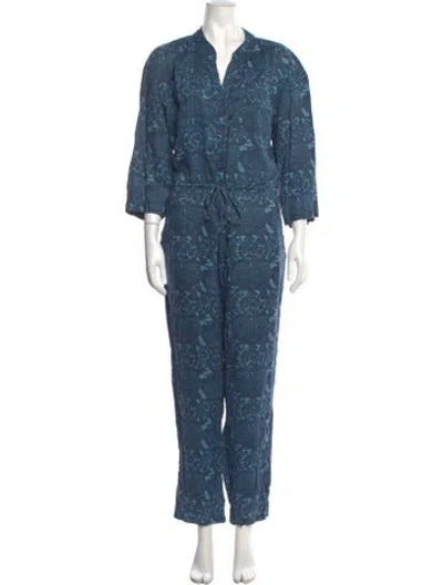 Pre-owned Apiece Apart Linen Printed Jumpsuit In Blue