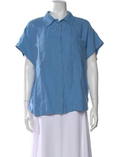 Pre-owned Apiece Apart Linen Short Sleeve Button-up Top In Blue
