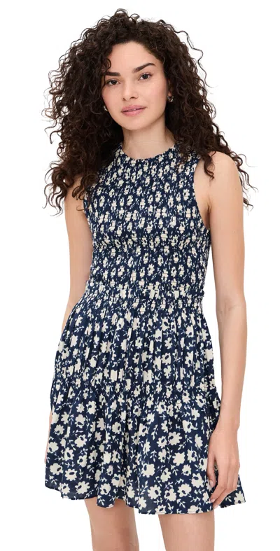 Apiece Apart Lore Smocked Mini Dress Navy Floral Stamp In Blue