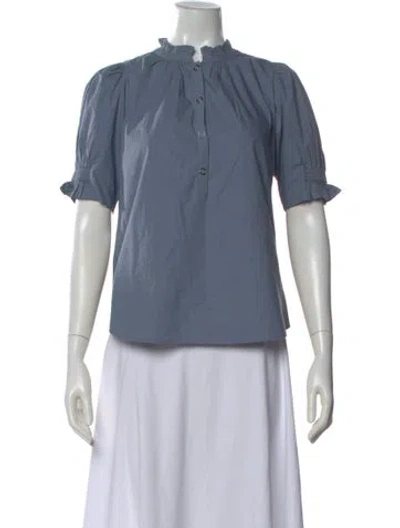Pre-owned Apiece Apart Mock Neck Short Sleeve Blouse In Blue