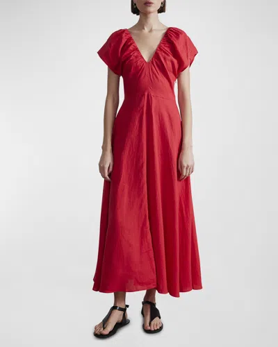 Apiece Apart Monet Ruched Flutter-sleeve Linen Maxi Dress In Chili
