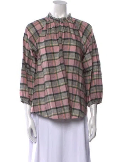 Pre-owned Apiece Apart Plaid Print Mock Neck Blouse In Pink