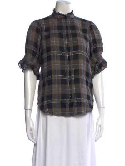 Pre-owned Apiece Apart Plaid Print Short Sleeve Blouse In Black