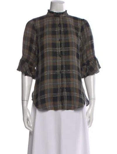 Pre-owned Apiece Apart Plaid Print Short Sleeve Blouse In Brown