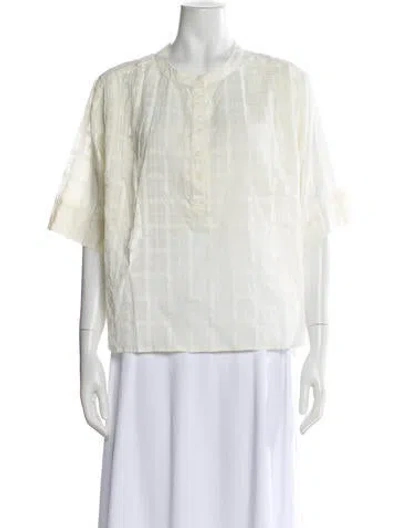 Pre-owned Apiece Apart Plaid Print Short Sleeve Blouse In White