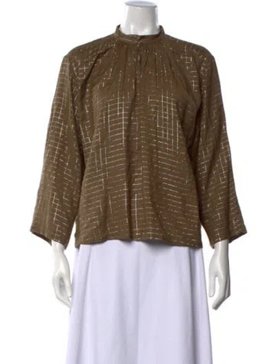Pre-owned Apiece Apart Printed Mock Neck Blouse In Green/metallic