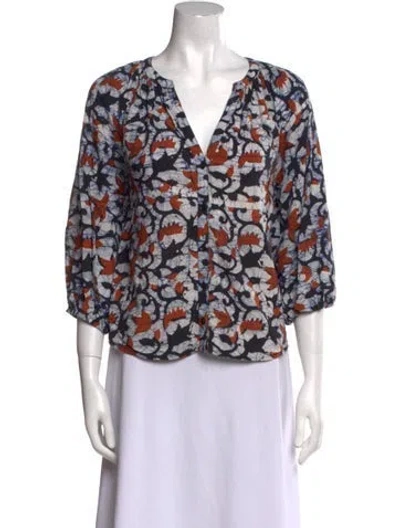 Pre-owned Apiece Apart Printed V-neck Blouse In Blue