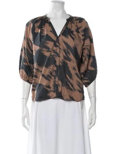 Pre-owned Apiece Apart Printed V-neck Blouse In Brown