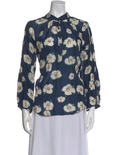 Pre-owned Apiece Apart Silk Floral Print Blouse In Blue