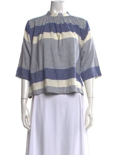 Pre-owned Apiece Apart Striped Tie Neck Blouse In Blue/white