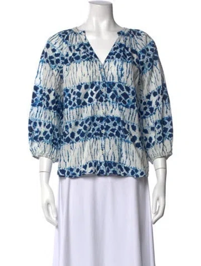 Pre-owned Apiece Apart Tie-dye Print V-neck Blouse In Blue