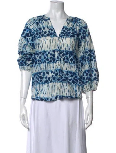Pre-owned Apiece Apart Tie-dye Print V-neck Blouse In Blue/white