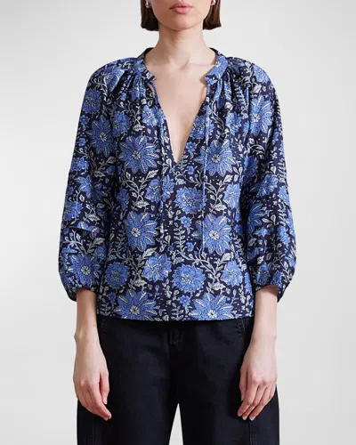 Apiece Apart Tule Floral-print Cotton-silk Top In Blue
