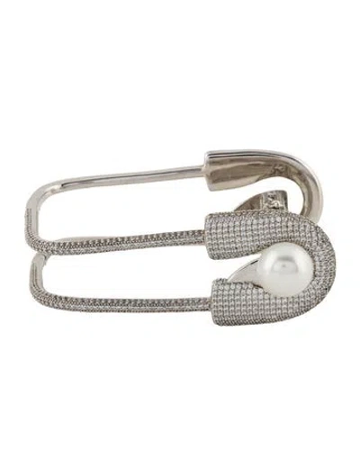 Pre-owned Apm Monaco Cubic Zirconia & Pearl Safety Pin Hinged Bracelet, 6.5" In Multi