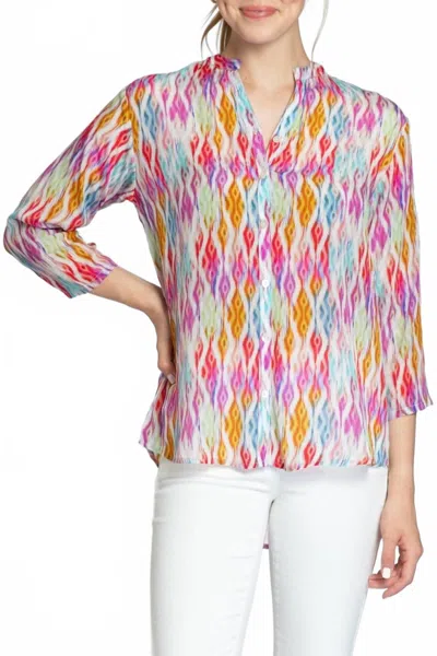 APNY 3/4 SLEEVE MANDARIN COLLAR BUTTON-UP TOP IN MULTICOLOR IKAT PRINT