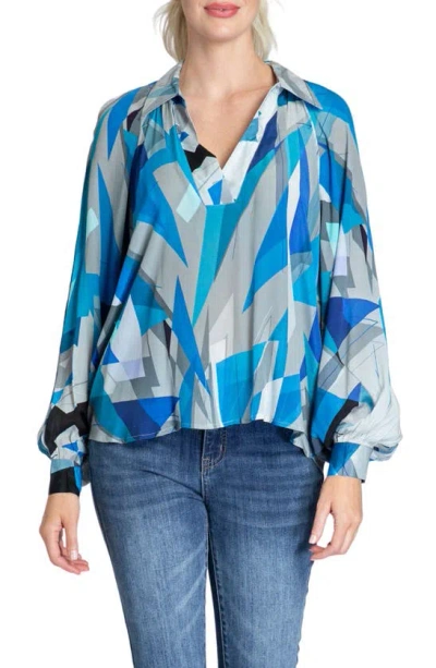 Apny Abstract Print Chiffon Popover Top In Blue Multi