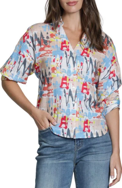 Apny Abstract Print Elbow Sleeve Button-up Shirt In Blue
