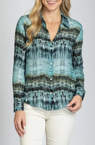 Apny Stripe Button-up Top With Roll Tab Sleeve In Tribal Blue In Bright Blue Multi