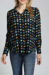 Apny Abstract Print Roll Tab Sleeve Chiffon Button-up Shirt In Black Heart Multi