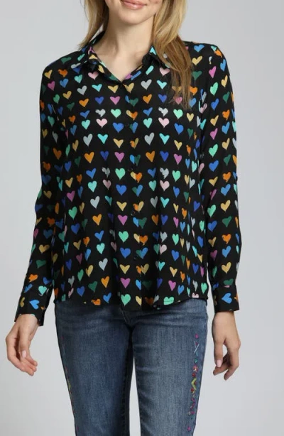 Apny Abstract Print Roll Tab Sleeve Chiffon Button-up Shirt In Black Heart Multi