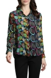 Apny Abstract Print Roll Tab Sleeve Chiffon Button-up Shirt In Black Multi
