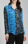 Apny Abstract Print Roll Tab Sleeve Chiffon Button-up Shirt In Black/blue Multi