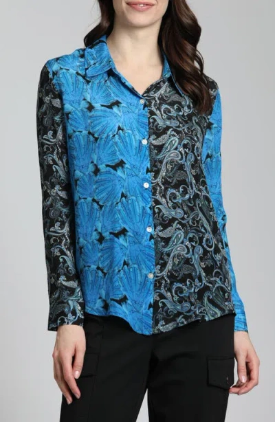 Apny Abstract Print Roll Tab Sleeve Chiffon Button-up Shirt In Black/blue Multi