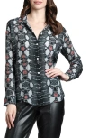 Apny Abstract Print Roll Tab Sleeve Chiffon Button-up Shirt In Black/grey Multi
