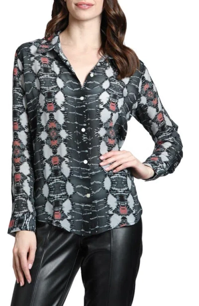 Apny Abstract Print Roll Tab Sleeve Chiffon Button-up Shirt In Black/grey Multi