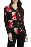 Apny Abstract Print Roll Tab Sleeve Chiffon Button-up Shirt In Black/red Multi