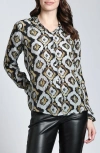 Apny Abstract Print Roll Tab Sleeve Chiffon Button-up Shirt In Grey/gold Multi