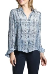 Apny Abstract Print Roll Tab Sleeve Chiffon Button-up Shirt In Light Blue Multi