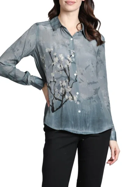 Apny Abstract Print Roll Tab Sleeve Chiffon Button-up Shirt In Light Grey