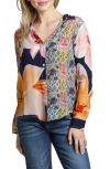 Apny Abstract Print Roll Tab Sleeve Chiffon Button-up Shirt In Orange/navy Multi