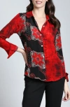 Apny Abstract Print Roll Tab Sleeve Chiffon Button-up Shirt In Red/black Multi
