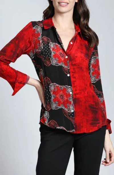 Apny Abstract Print Roll Tab Sleeve Chiffon Button-up Shirt In Red/black Multi