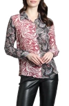 Apny Abstract Print Roll Tab Sleeve Chiffon Button-up Shirt In Red/white Multi
