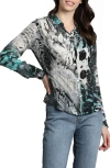Apny Abstract Print Roll Tab Sleeve Chiffon Button-up Shirt In Teal/grey Multi