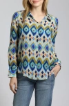 Apny Abstract Print Roll Tab Sleeve Chiffon Button-up Shirt In Turquoise Multi