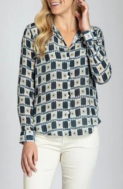 Apny Abstract Print Roll Tab Sleeve Chiffon Button-up Shirt In Black/ Natural Multi