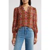 Apny Batik Print Split Neck Top In Red Multi
