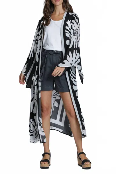 Apny Belted Long Kimono Robe In Daisy Pop In Black