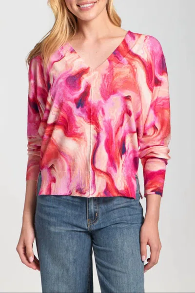 Apny Berry Marble Printed V-neck Pullover Top In Pink In Multi