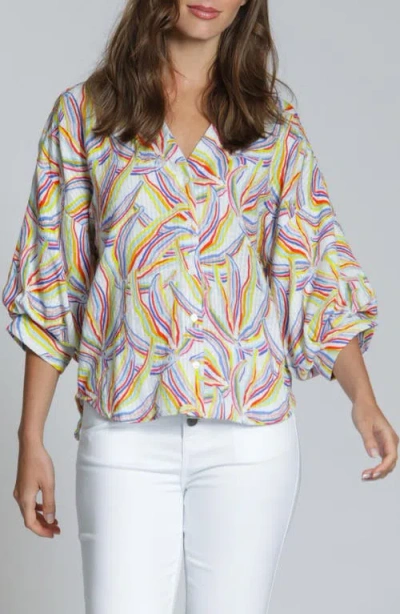 Apny Blouson Sleeve Cotton Blend Button-up Shirt In Multi