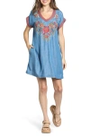 Apny Boho Floral Embroidered Popover Dress In Blue Multi
