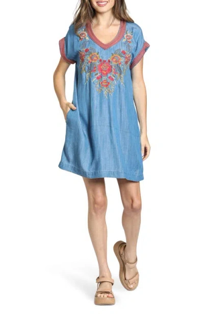 Apny Boho Floral Embroidered Popover Dress In Blue Multi