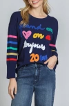 Apny Bouclé Accent Graphic Crewneck Sweater In Navy Multi